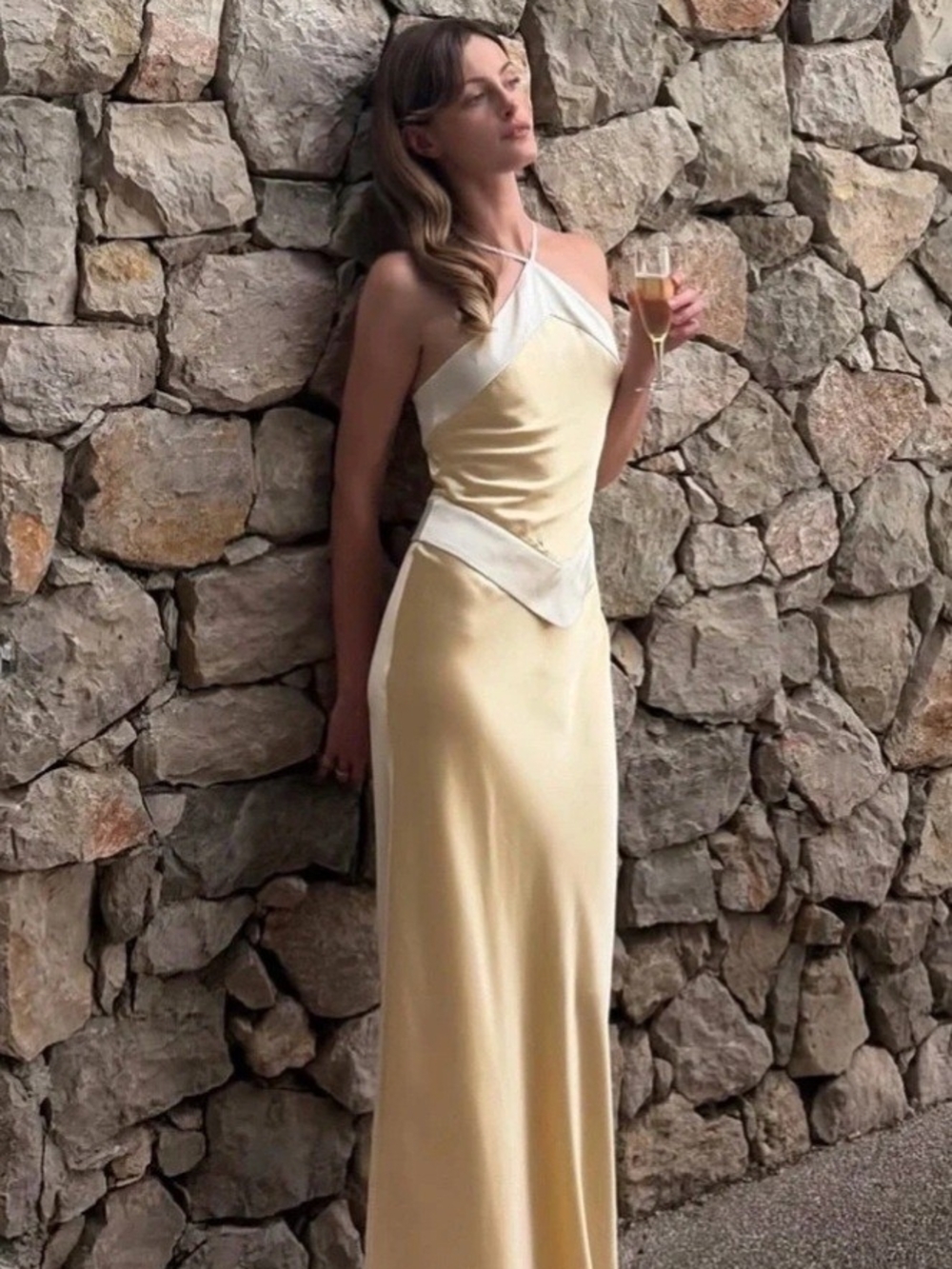 Reformation Pale Yellow Satin Halter Maxi with Ivory Trim
